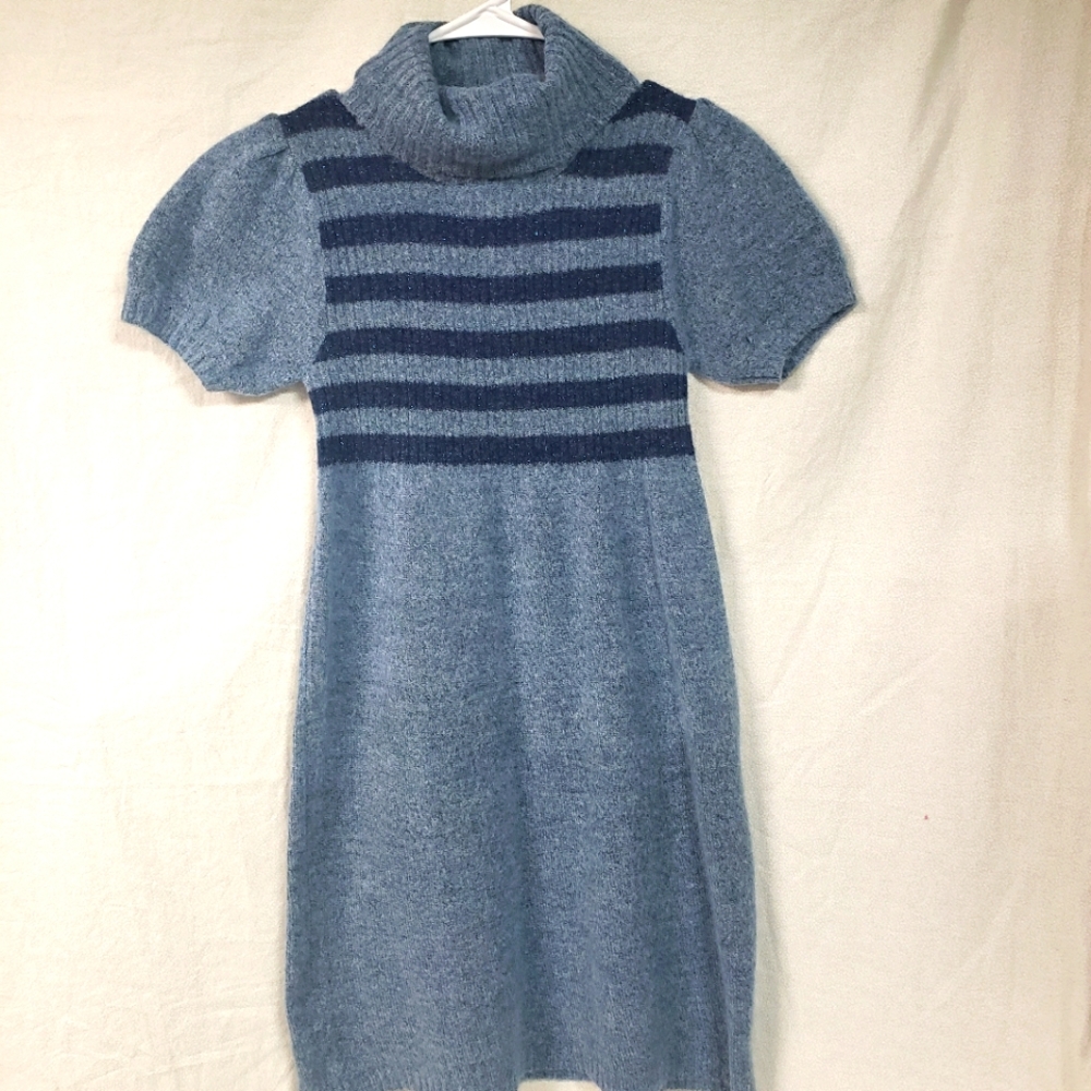 Sweater Project Dress Tunic SMALL blue short sleeve Ribbed Striped Cowl Glitter